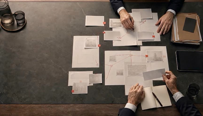 Equipo jurídico ordenando documentos y una cronología sobre una mesa de estrategia