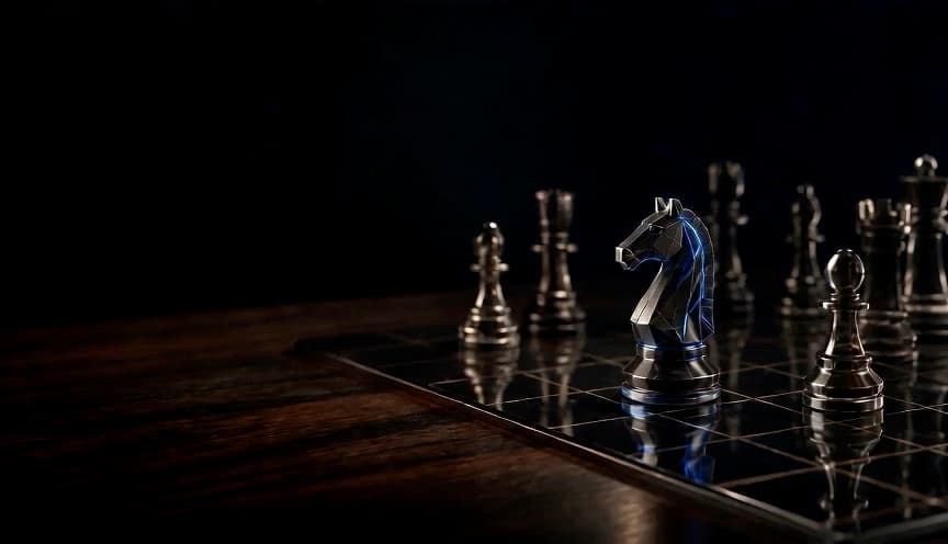 Tablero de estrategia en obsidiana con un caballo azul