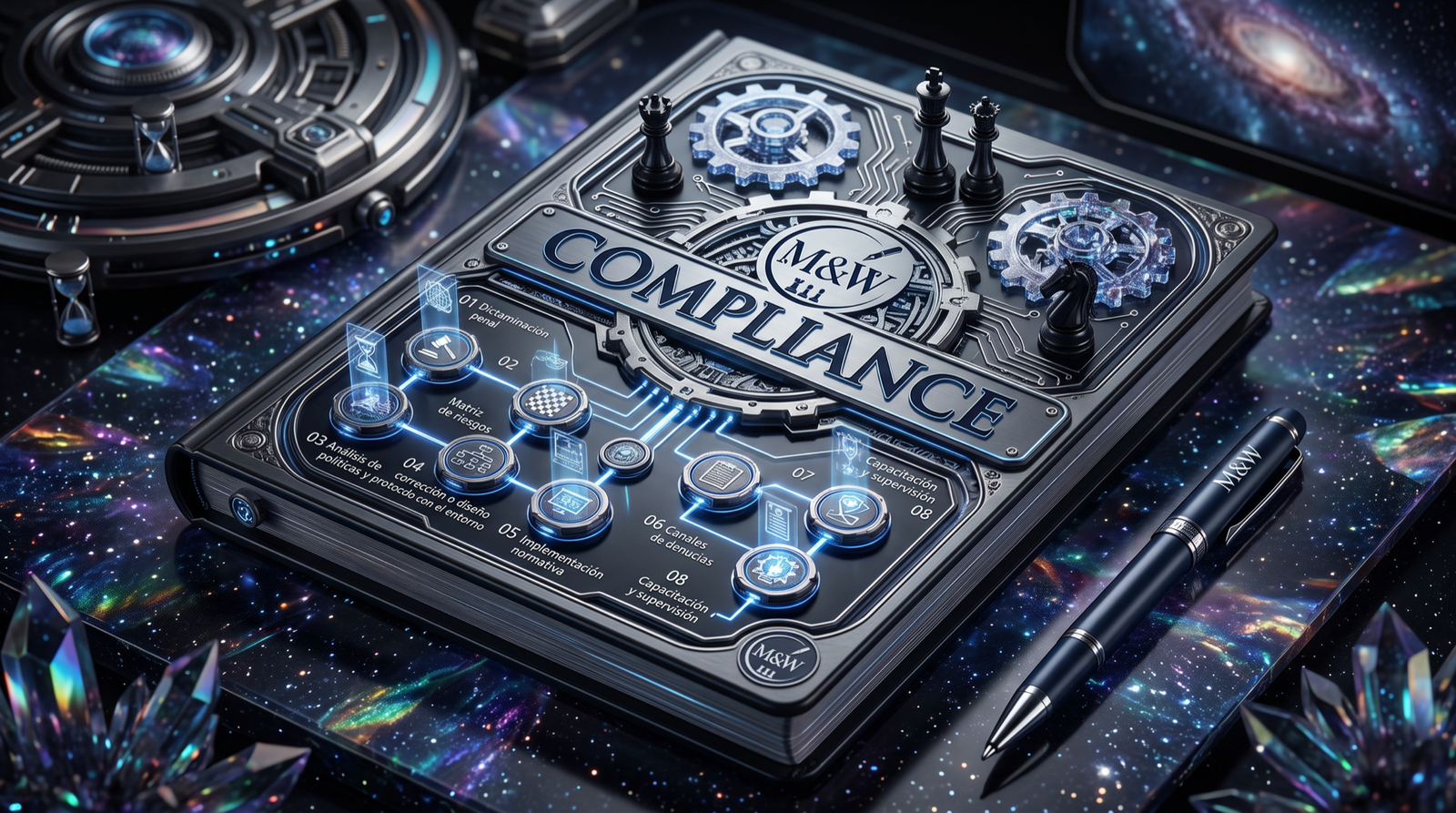 Tablero estratégico de Compliance Criminal con controles, riesgos y piezas de ajedrez